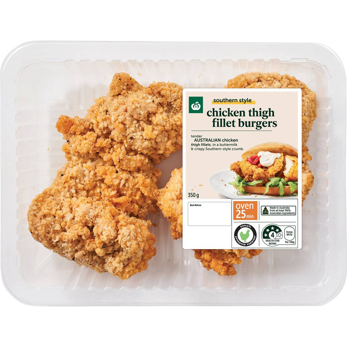 Calories in Woolworths Southern Style Buttermilk Chicken Thigh Fillet Burgers