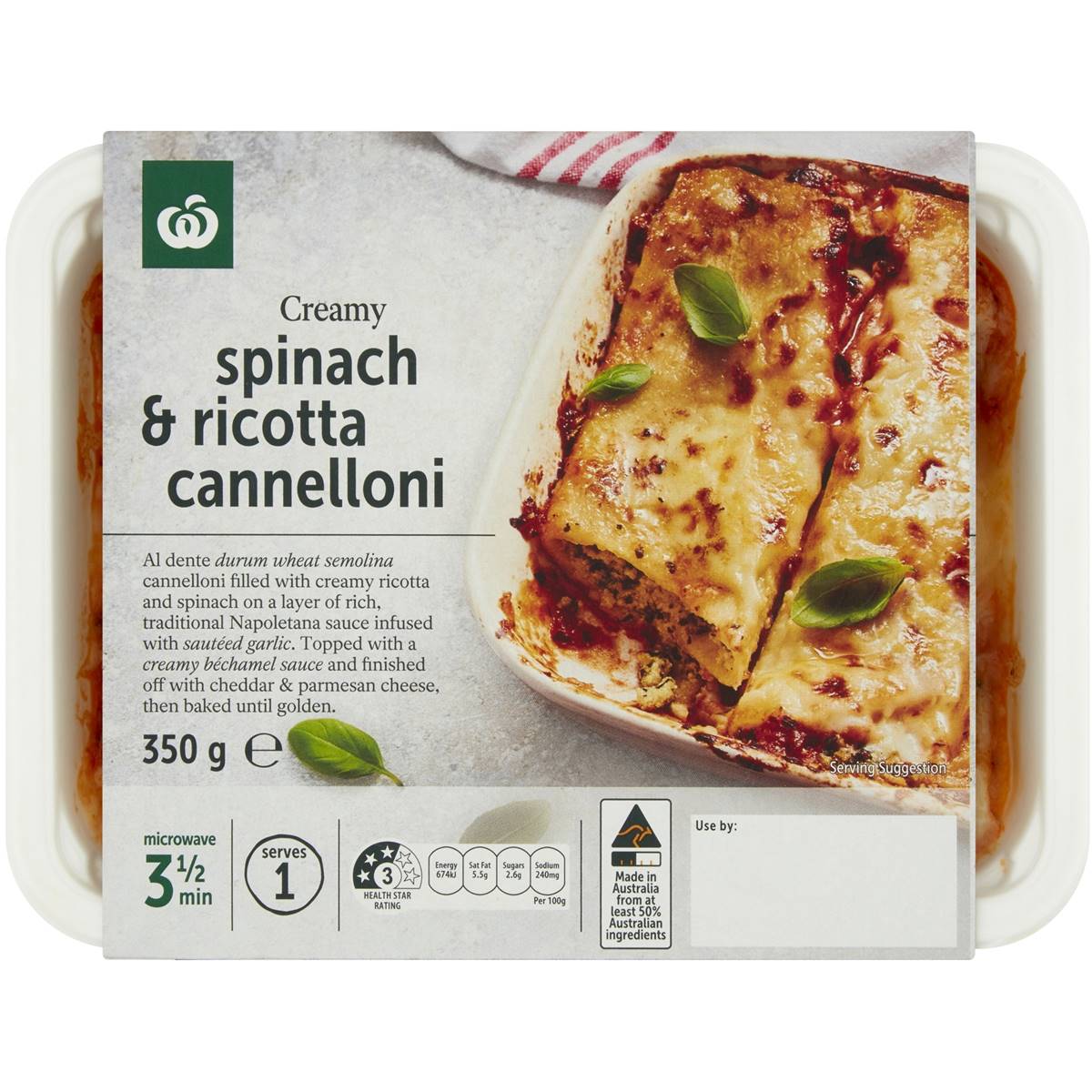 Calories in Woolworths Creamy Spinach & Ricotta Cannelloni Chilled Meal
