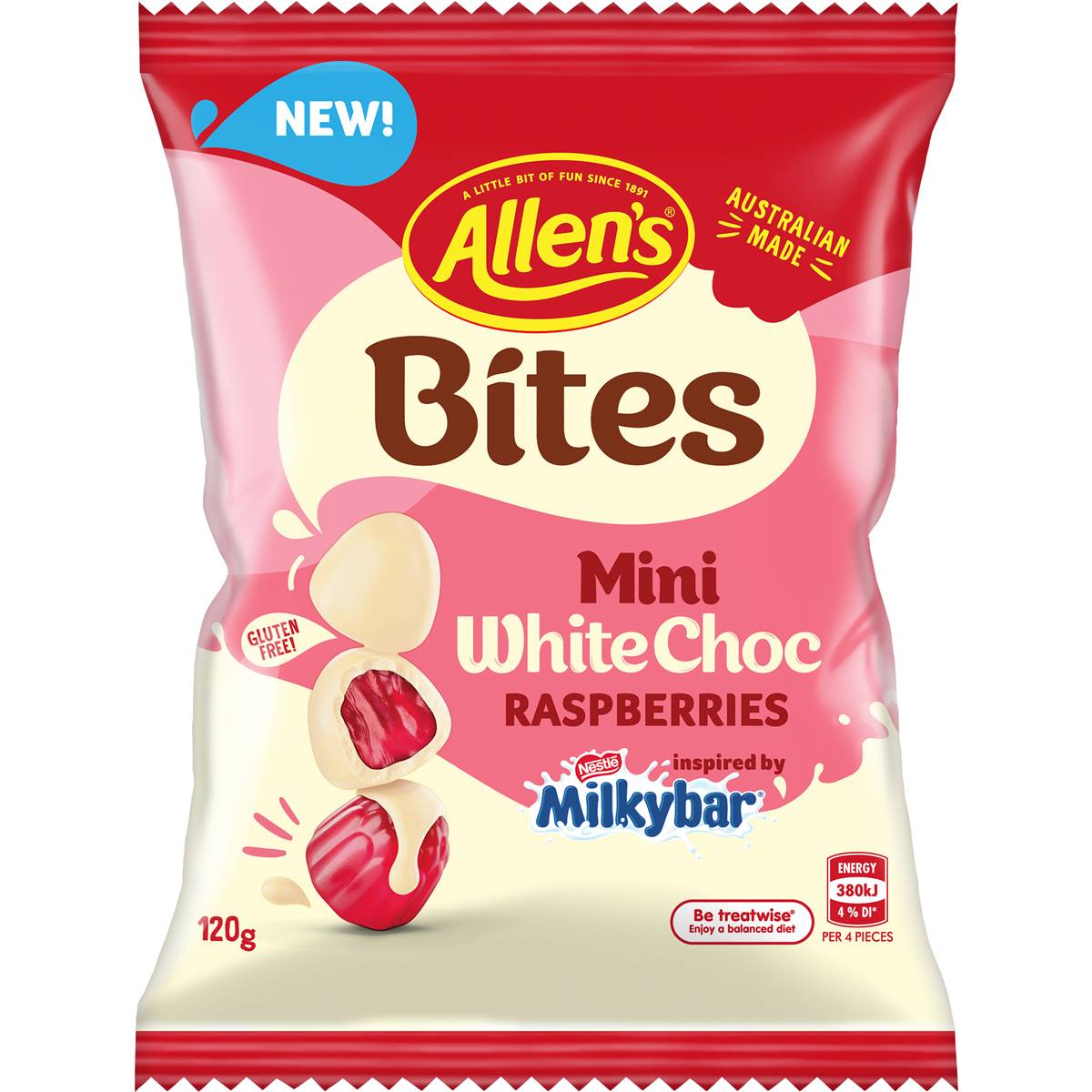 Calories in Allen's Bites Mini White Choc Raspberries