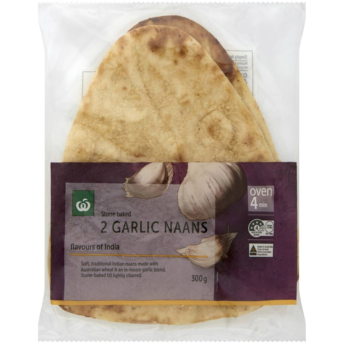 Calories in Woolworths Stone Baked Garlic Naan Bread