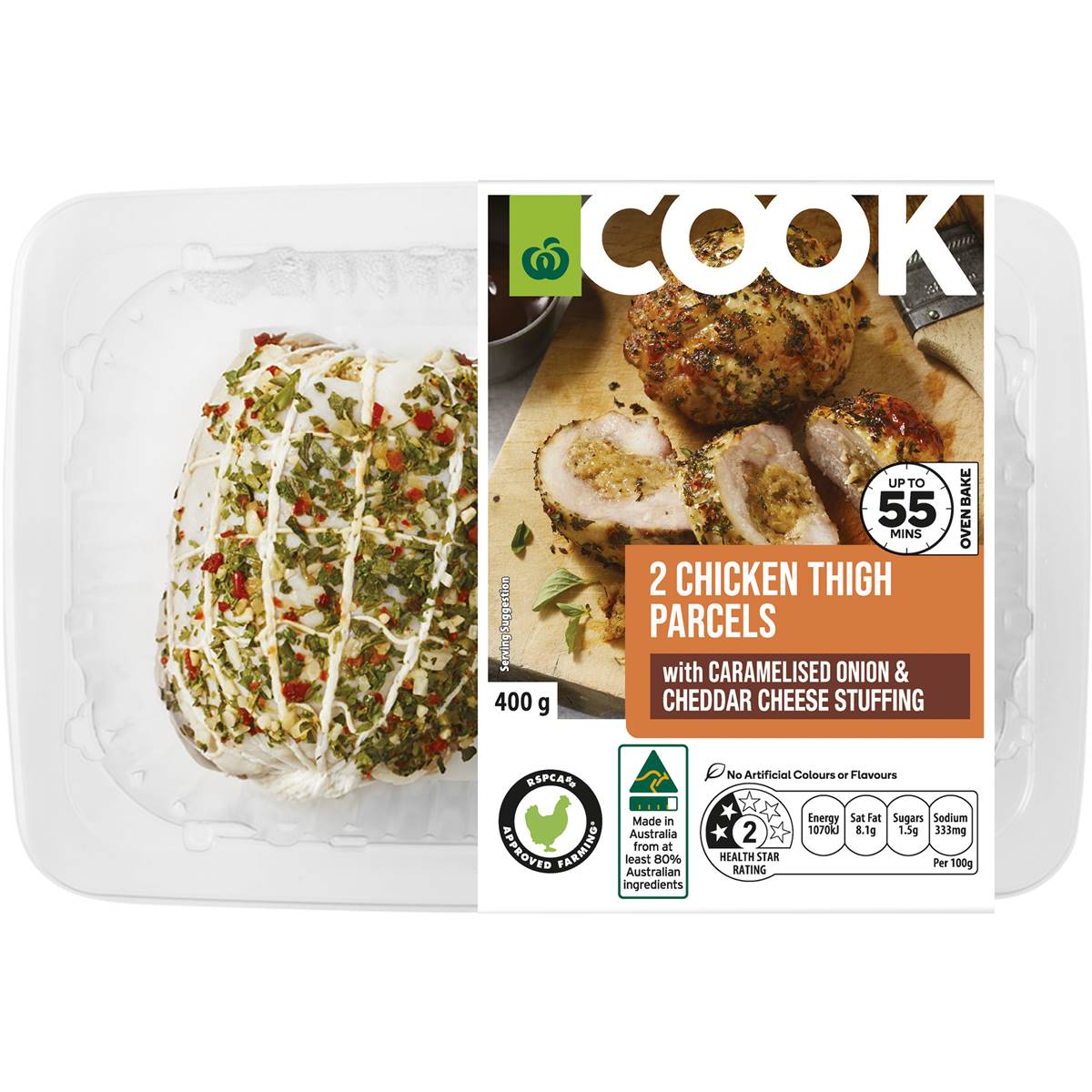 Calories in Woolworths Cook Chicken Thigh Parcels With Onion & Cheese Stuffing