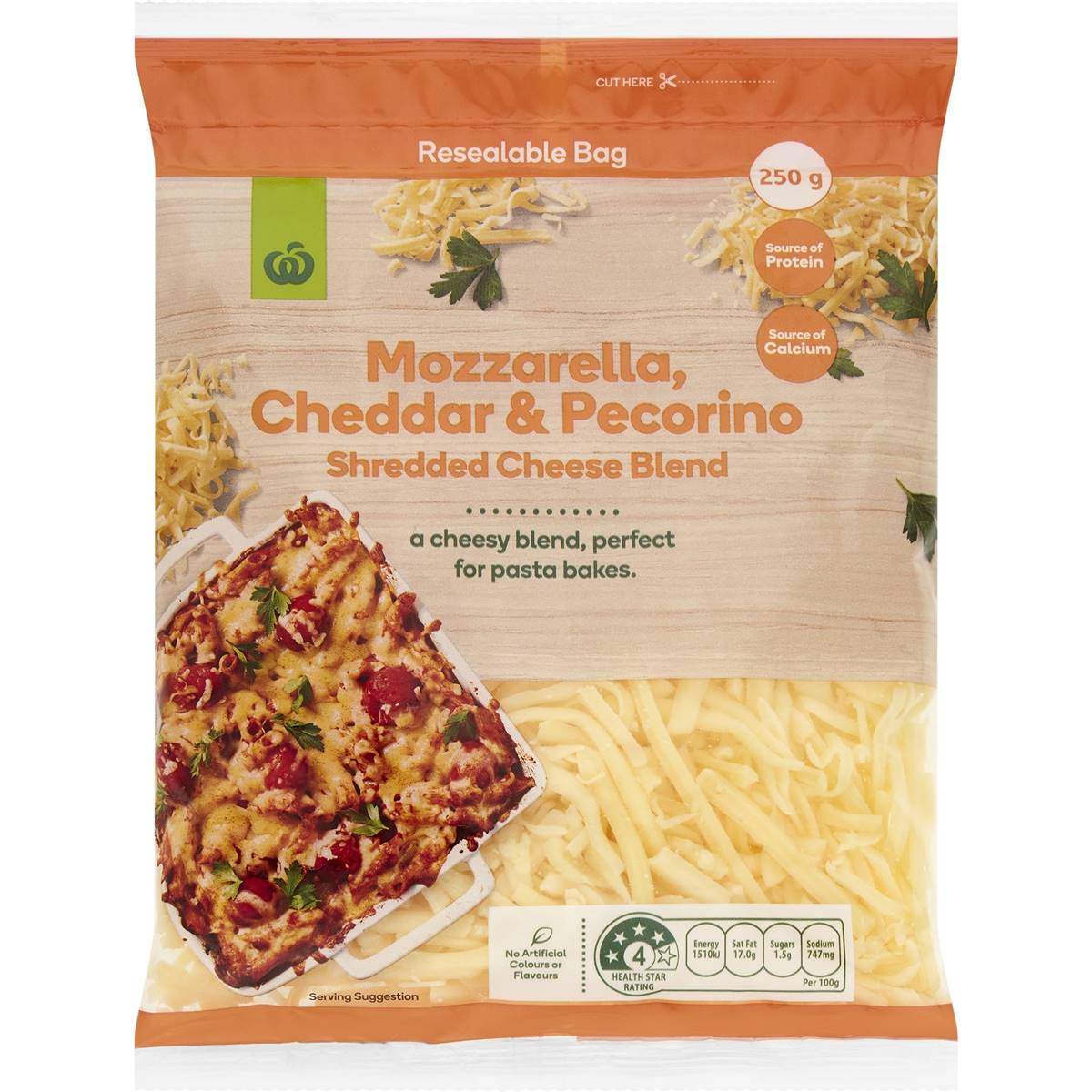 Calories in Woolworths Shredded Mozzarella Cheddar & Pecorino Blend