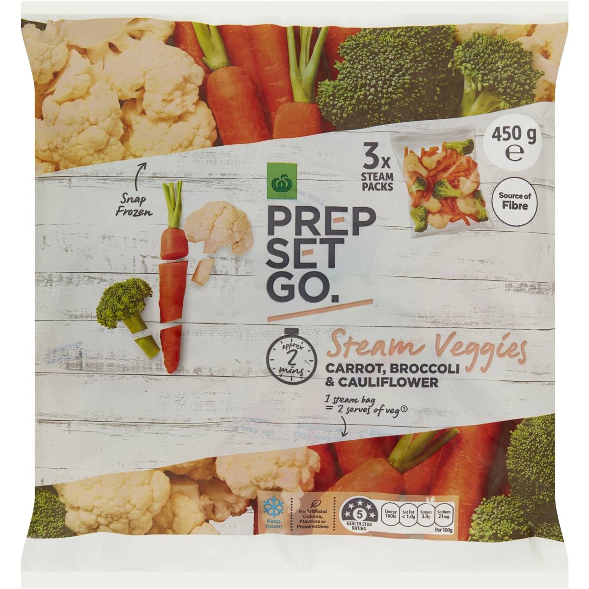 Calories in Woolworths Prep Set Go Frozen Steamed Carrot Broccoli & Cauliflower