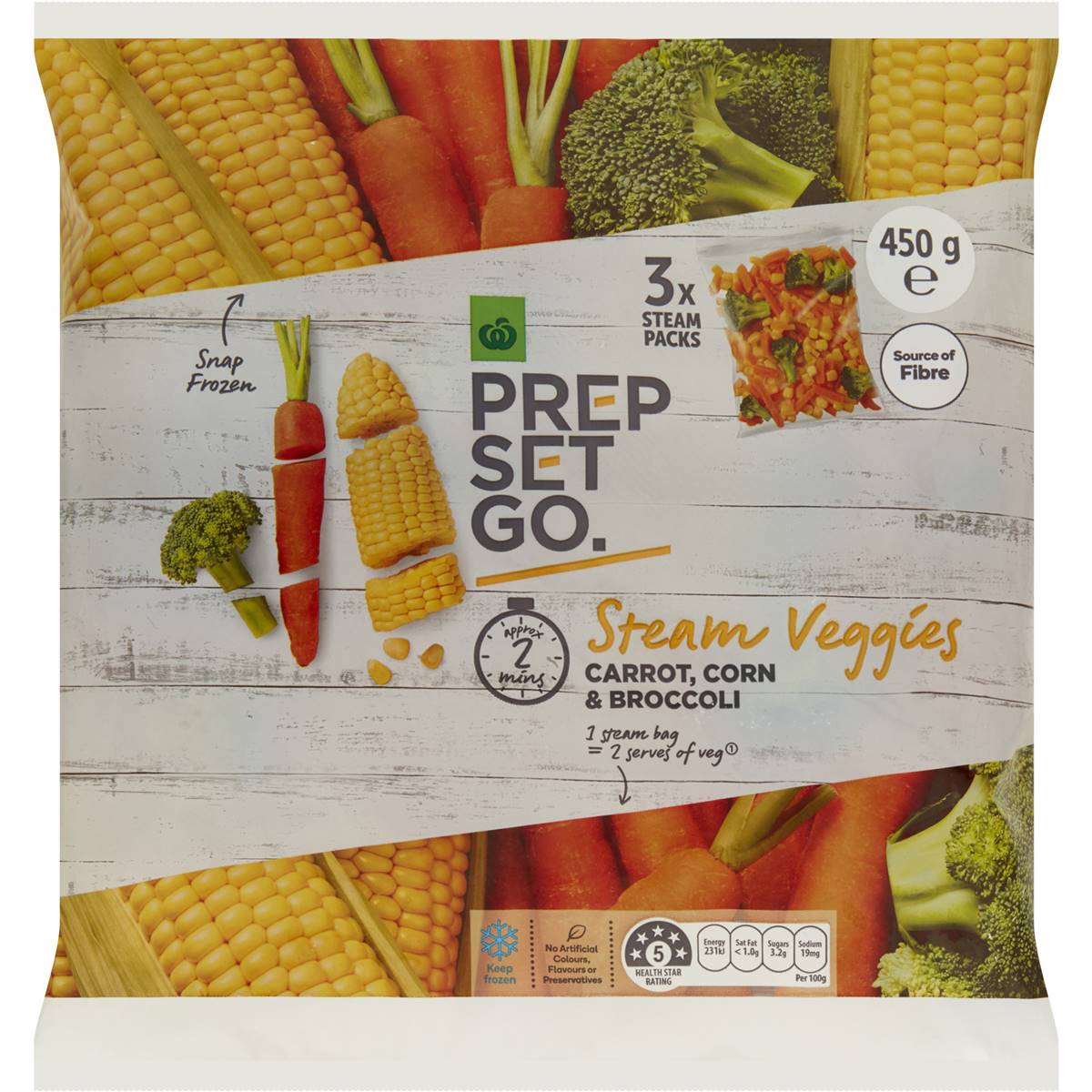 Calories in Woolworths Prep Set Go Frozen Steamed Carrot Corn & Broccoli