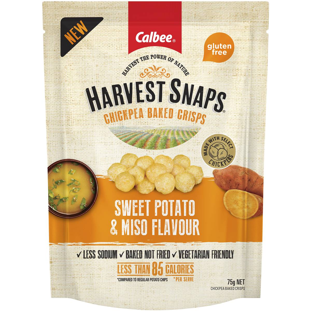 Calories in Calbee Harvest Snaps Chickpea Sweet Potato & Miso Baked Crisps