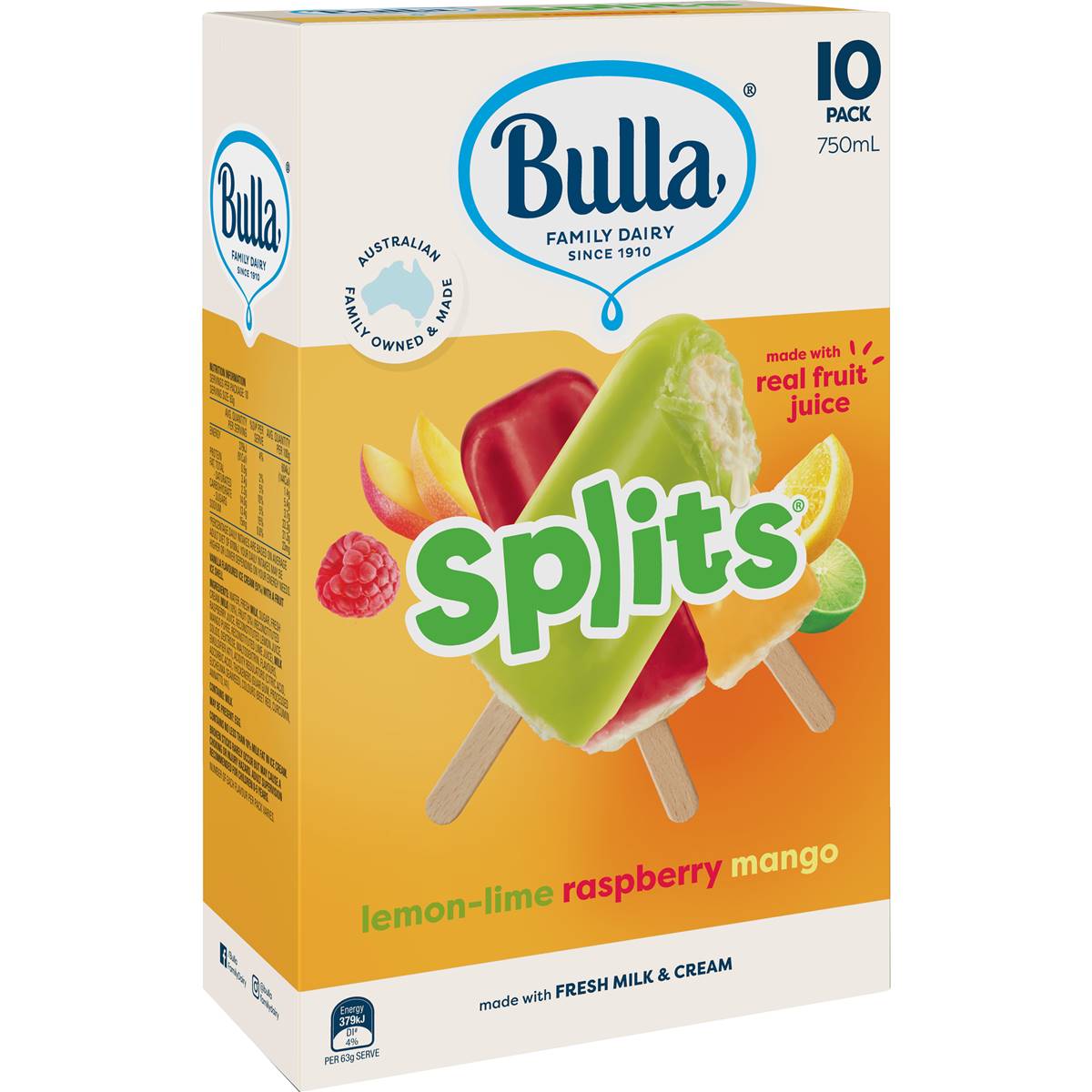 Calories in Bulla Splits Multipack Raspberry, Mango & Lemon Lime