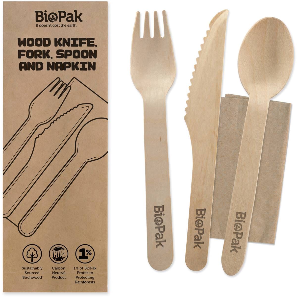 BioPak Wooden Cutlery With Napkin Set