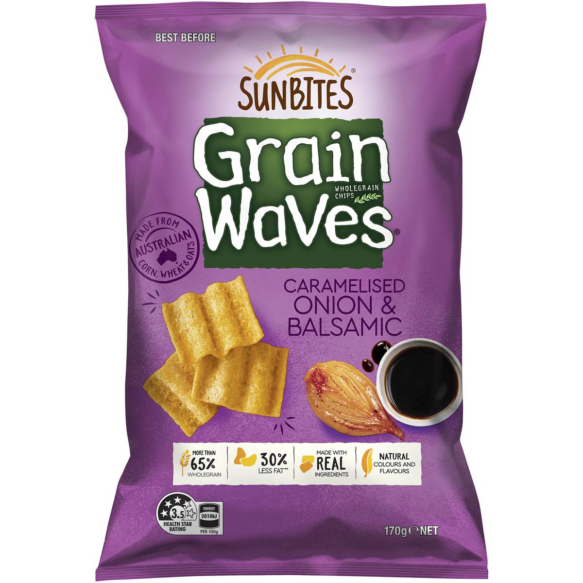 Calories in Sunbites Grain Waves Wholegrain Chips Caramelised Onion & Balsamic