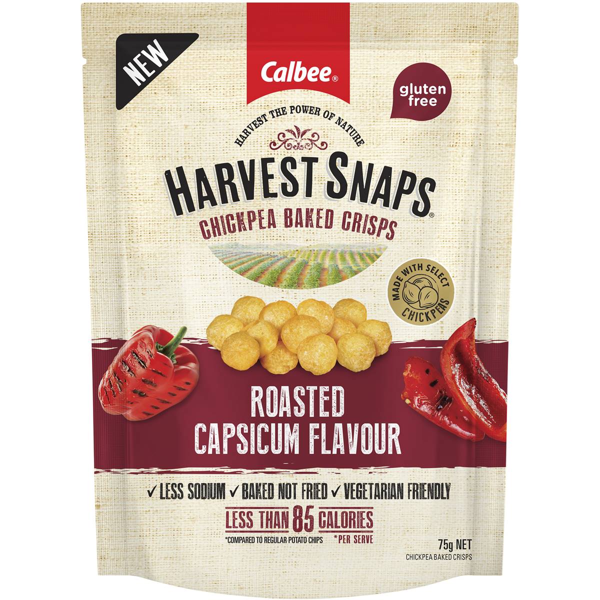 Calories in Calbee Harvest Snaps Chickpea Roasted Capsicum Baked Crisps