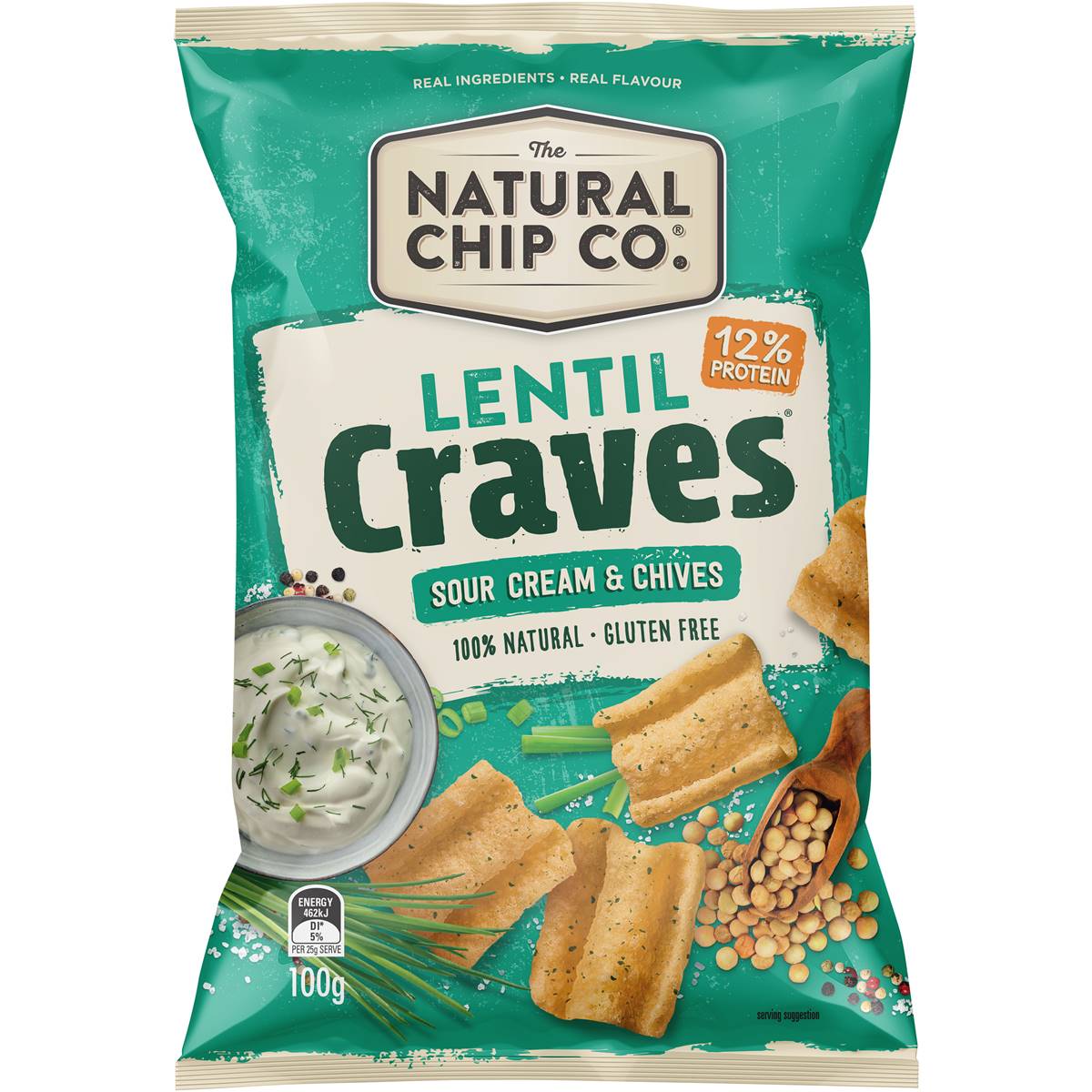 Calories in The Natural Chip Co. Lentil Craves Sour Cream & Chives