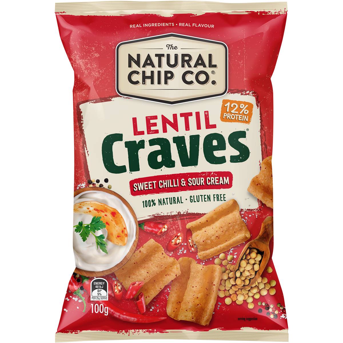 Calories in The Natural Chip Co. Lentil Craves Sweet Chili & Sour Cream