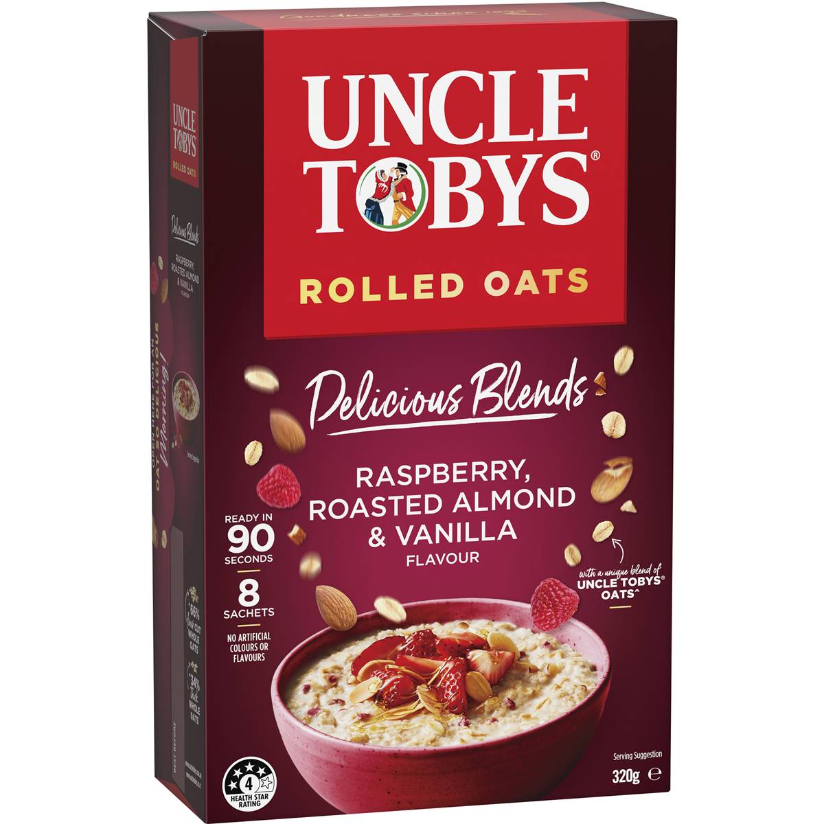 Calories in Uncle Tobys Oats Porridge Delicious Blends Raspberry, Almond & Vanilla