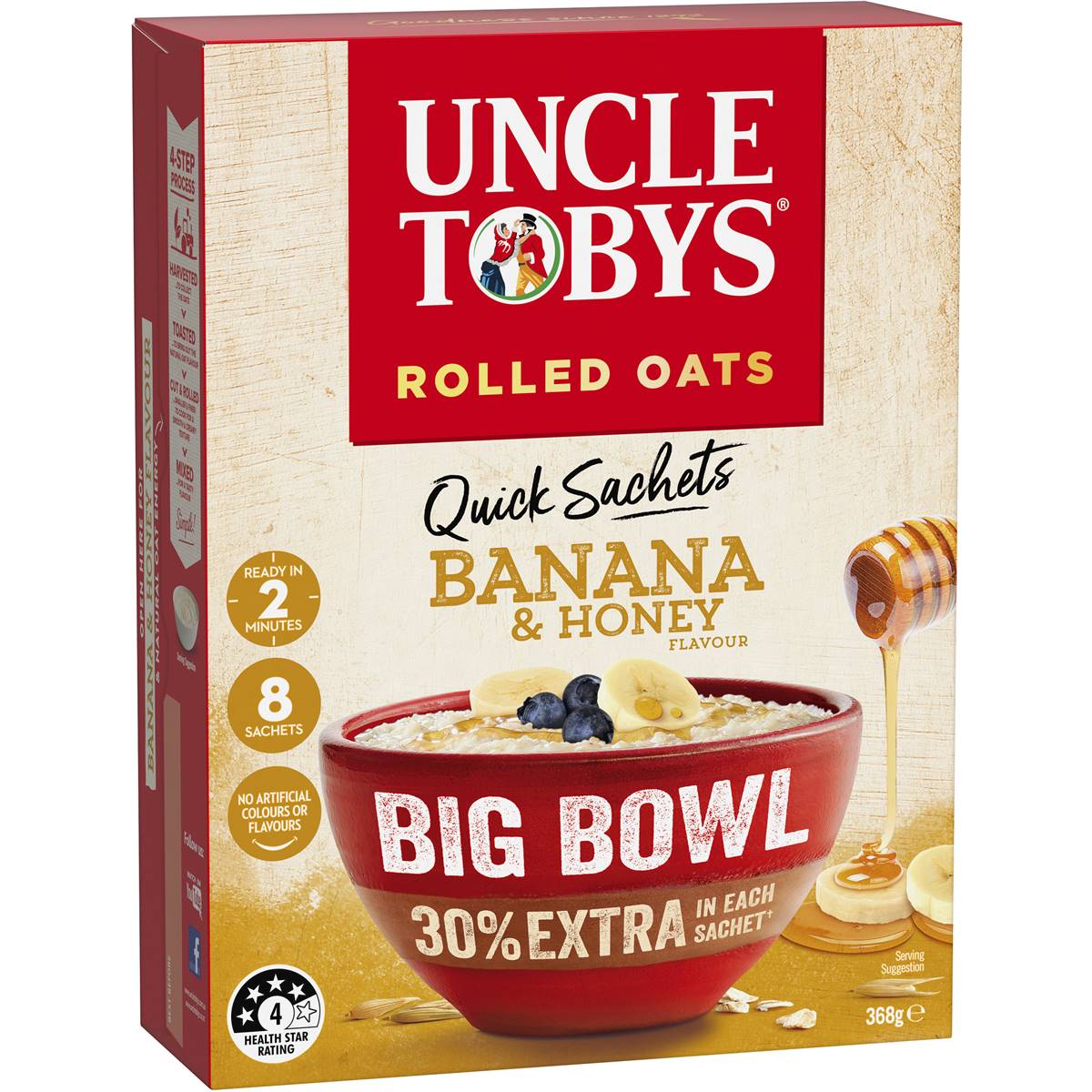 Calories in Uncle Tobys Oats Porridge Quick Sachets Banana & Honey Big Bowl
