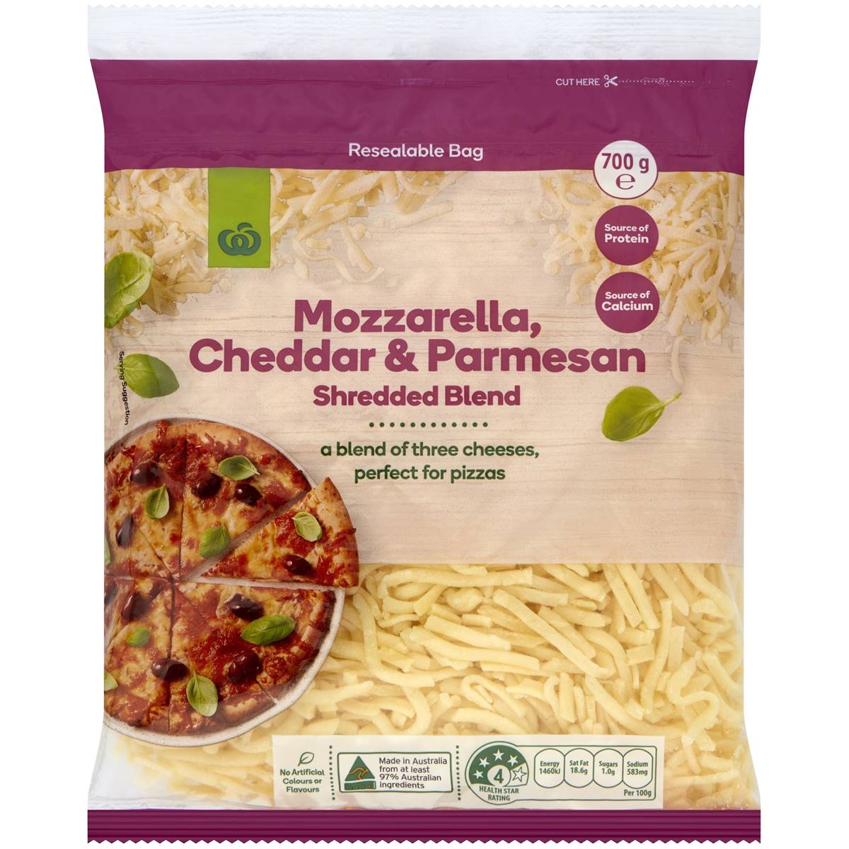 Calories in Woolworths Mozzarella Cheddar & Parmesan Shredded Blend