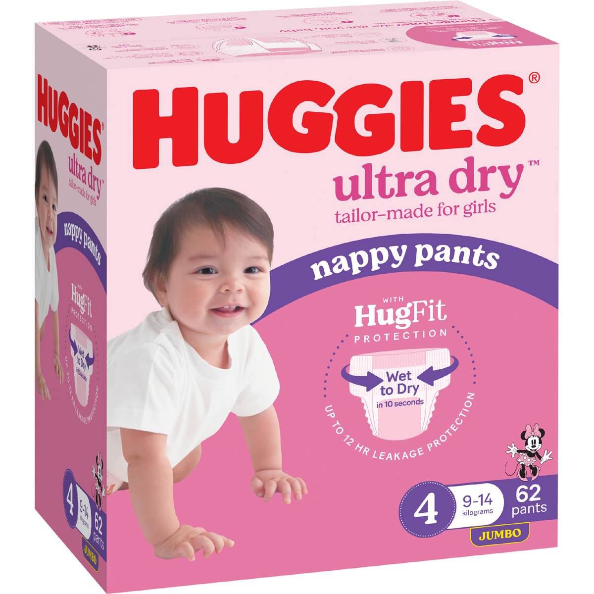 Huggies Ultra Dry Nappy Pants Girls Size 4 (9-14kg) 62 pack