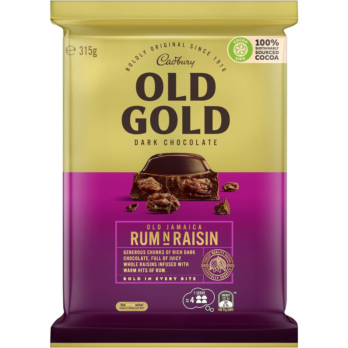 Calories in Cadbury Old Gold Dark Chocolate Old Jamaica Rum N Raisin