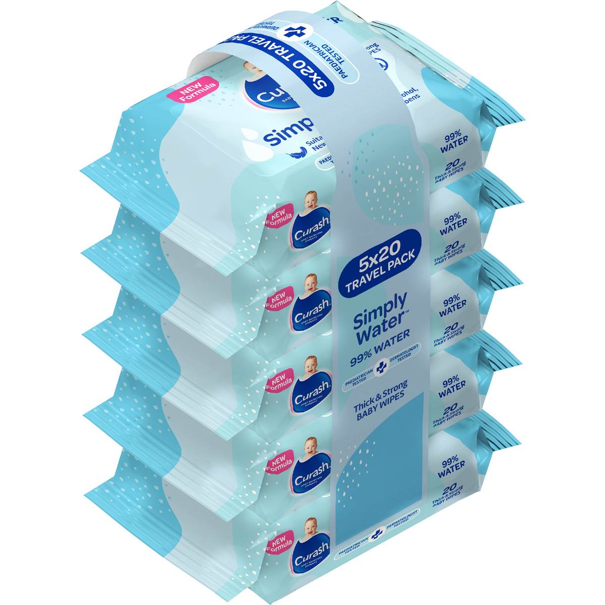 Curash Simply Water Wipes Travel 5 x 20 pack