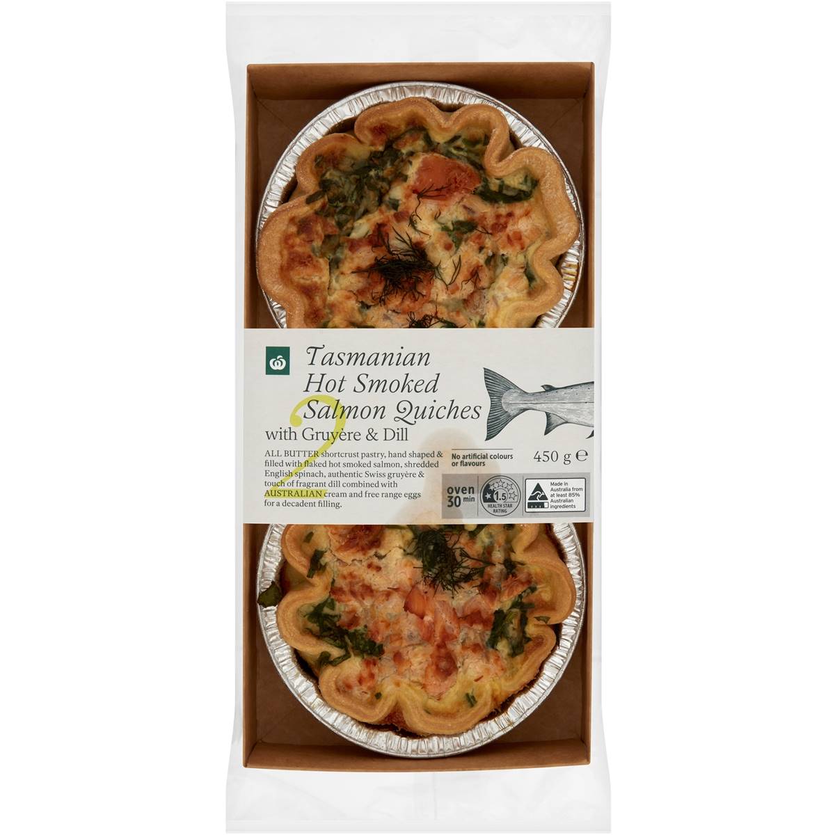 Calories in Woolworths Tasmanian Hot Smoked Salmon Gruyere & Spinach Quiches