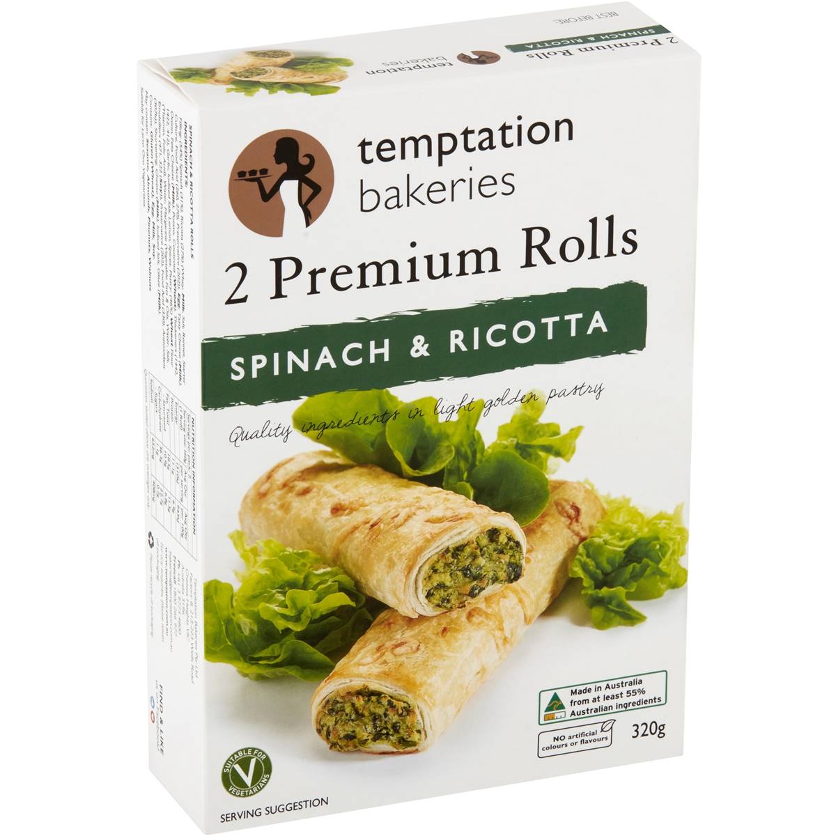 Calories in Temptation Bakeries Premium Spinach & Ricotta Rolls