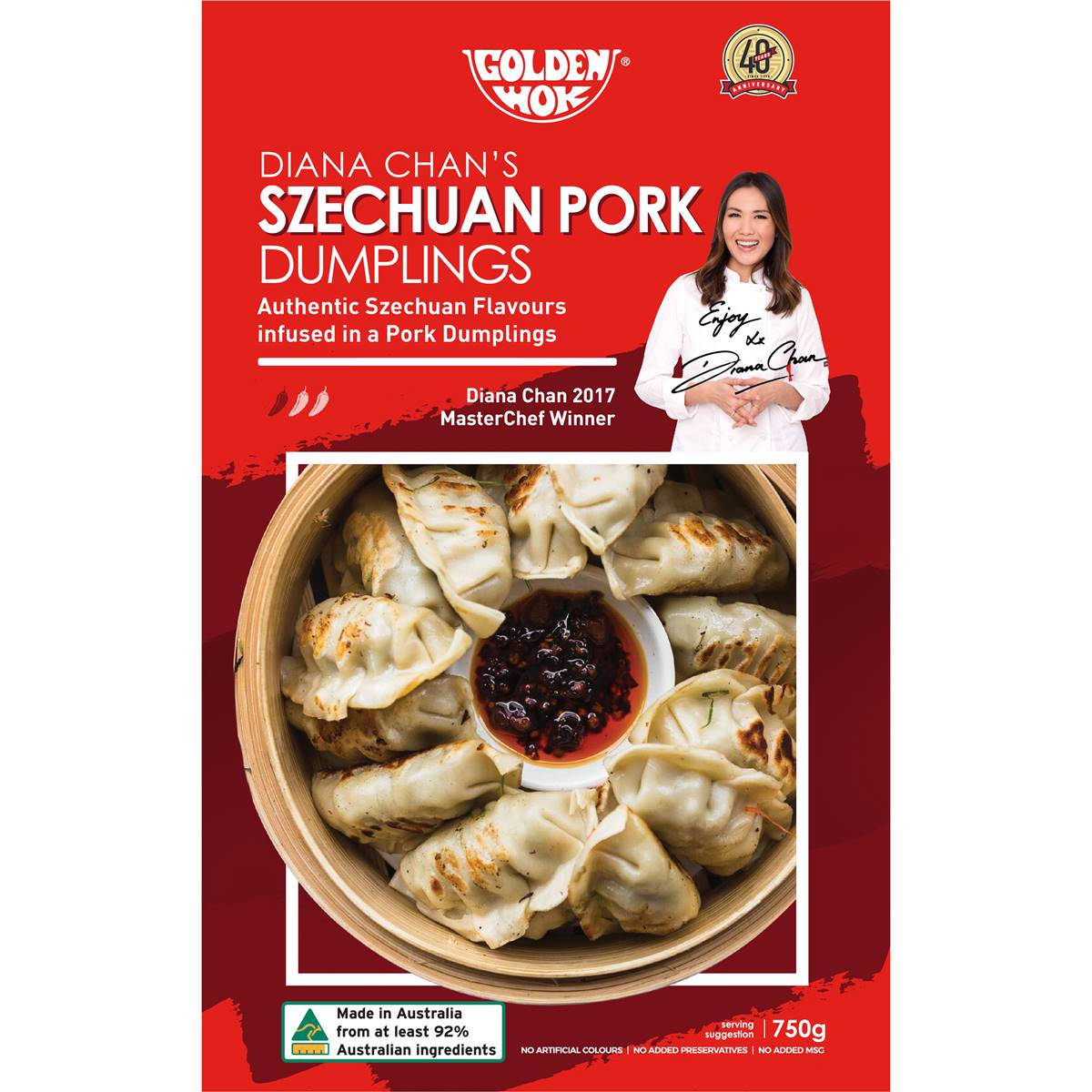 Calories in Golden Wok Frozen Diana Chan's Szechuan Pork Dumplings calcount