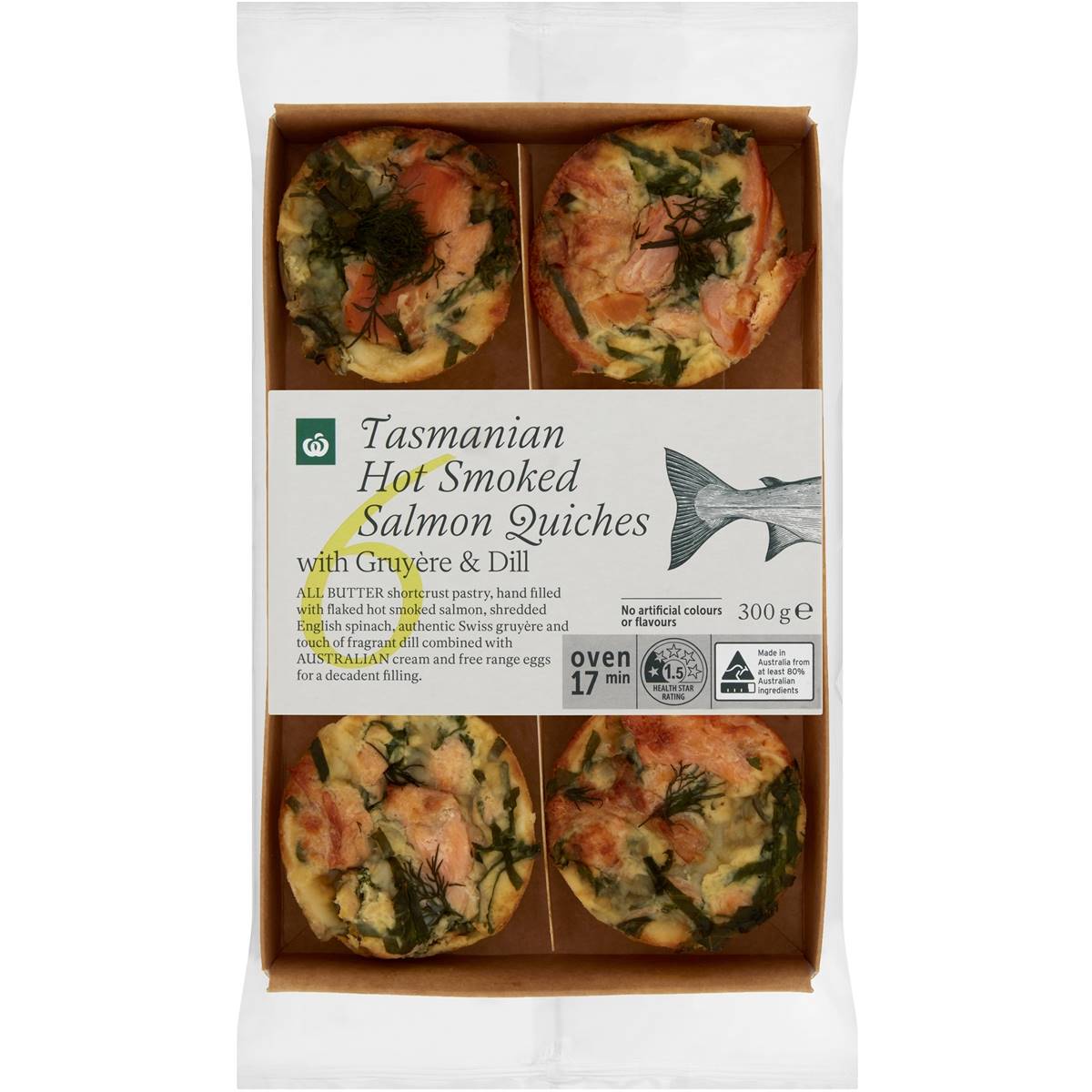 Calories in Woolworths Tasmanian Hot Smoked Salmon Gruyere & Spinach Mini Quiches