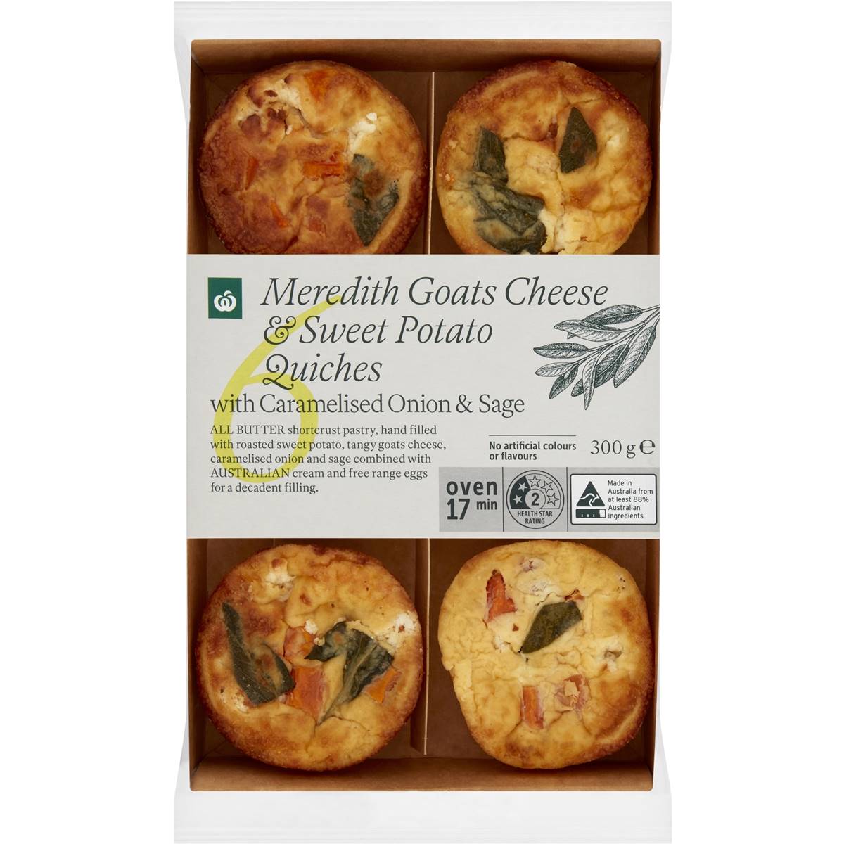 Calories in Woolworths Meredith Goats Cheese & Sweet Potato Mini Quiches