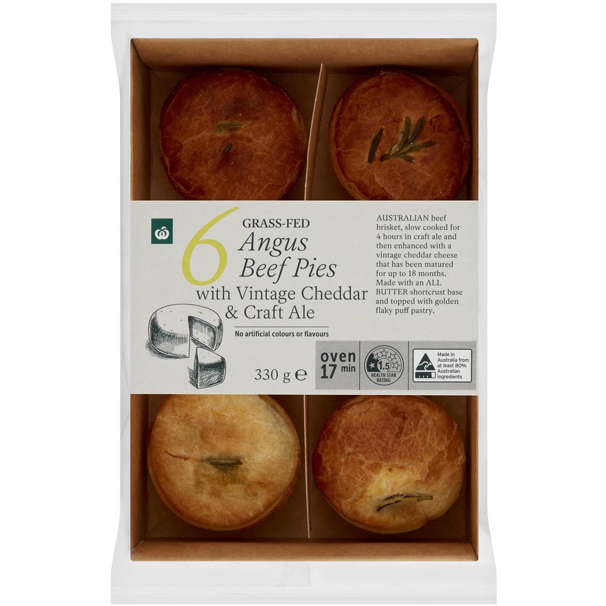 Calories in Woolworths Grass-fed Angus Beef Pies With Vintage Cheddar & Craft Ale