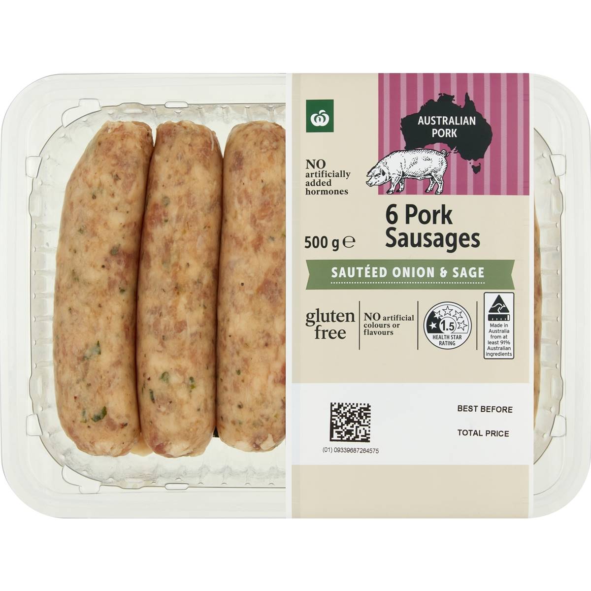 Calories in Woolworths 6 Pork Sausages Sautee Onion & Sage