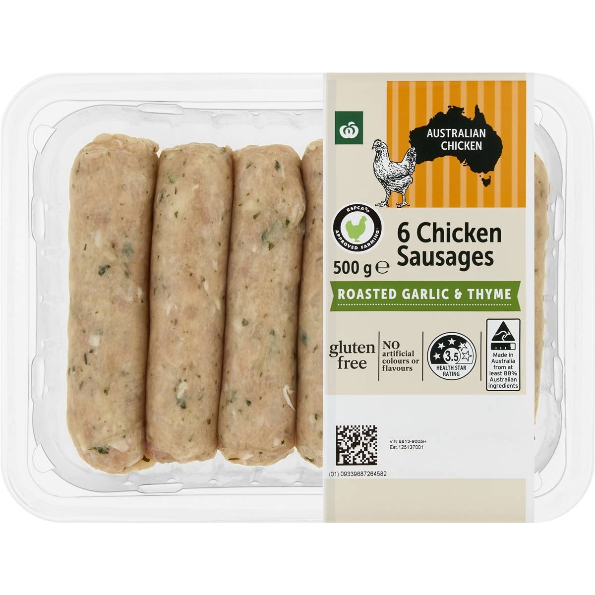 Calories in Woolworths 6 Chicken Sausages Garlic & Thyme