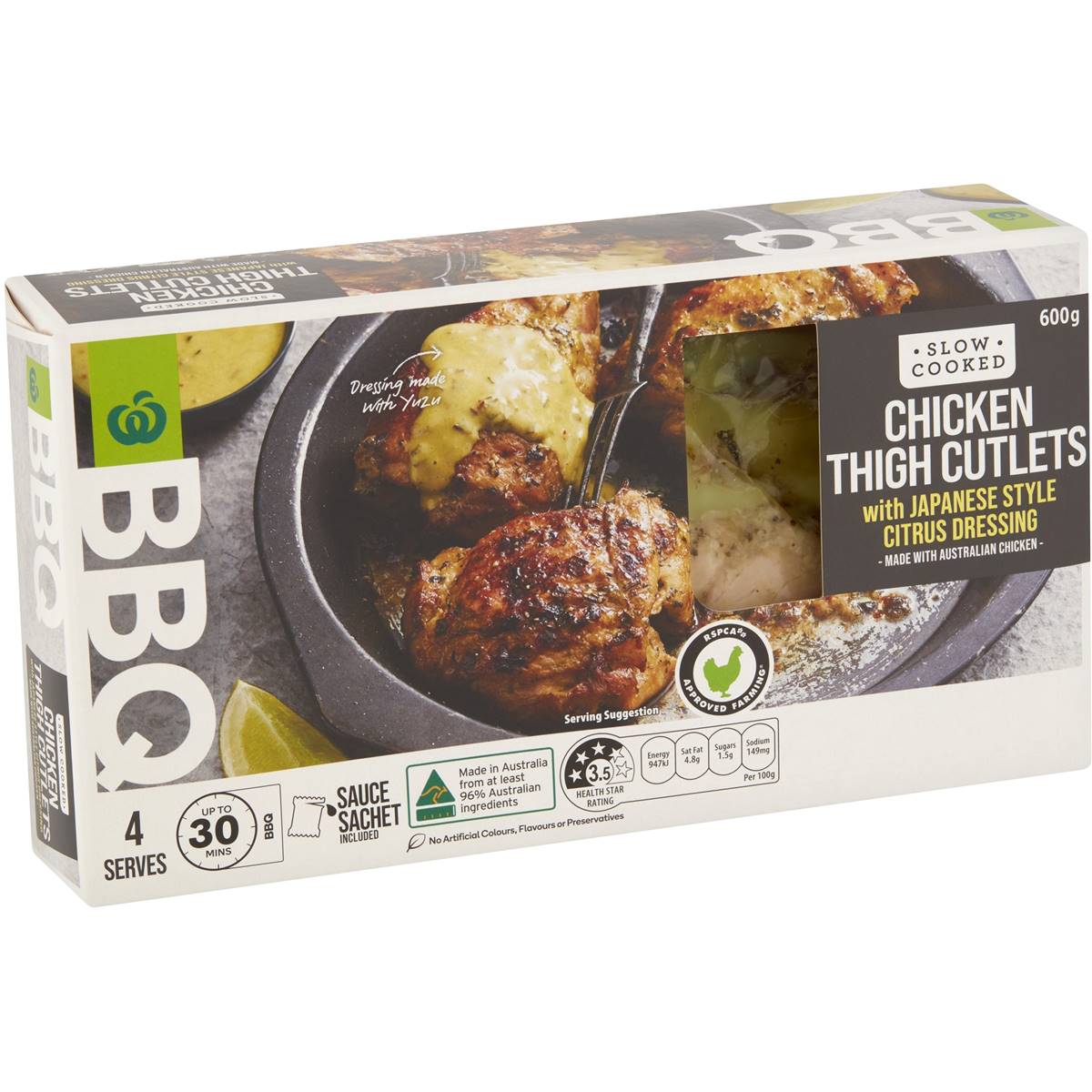 Calories in Woolworths Bbq Slow Cooked Chicken Thigh Cutlets With Japanese Dressing