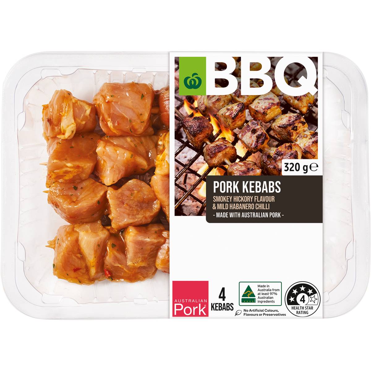 Calories in Woolworths Bbq Pork Kebabs Smokey Hickory & Mild Habanero Chilli