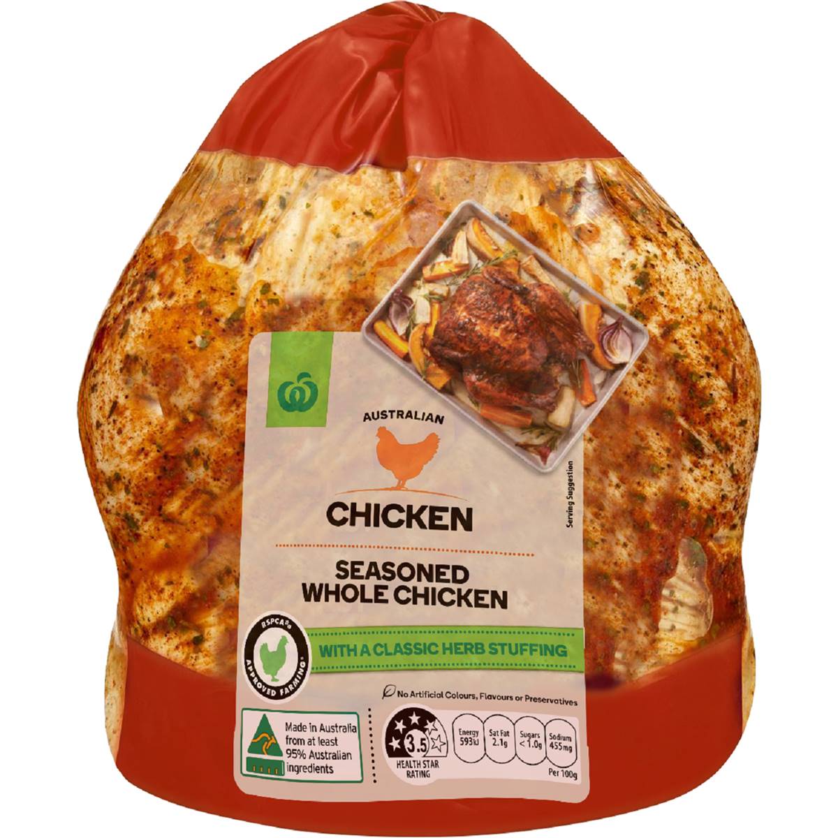 Calories in Woolworths Rspca Approved Seasoned & Marinated Whole Chicken
