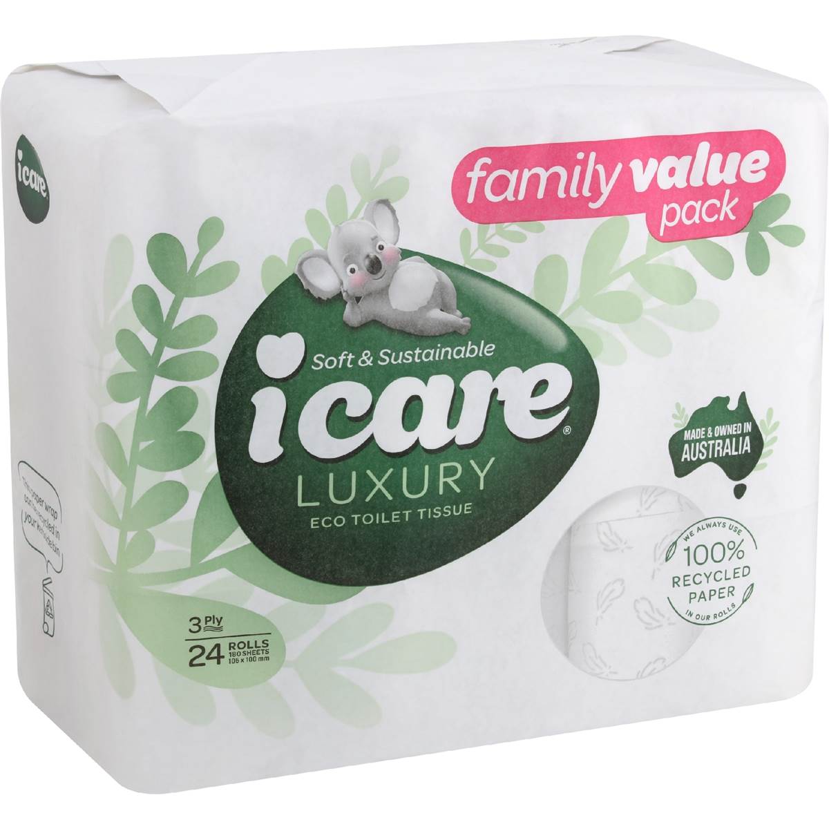 icare 100% Recycled 3 Ply Toilet Tissue 24 pack