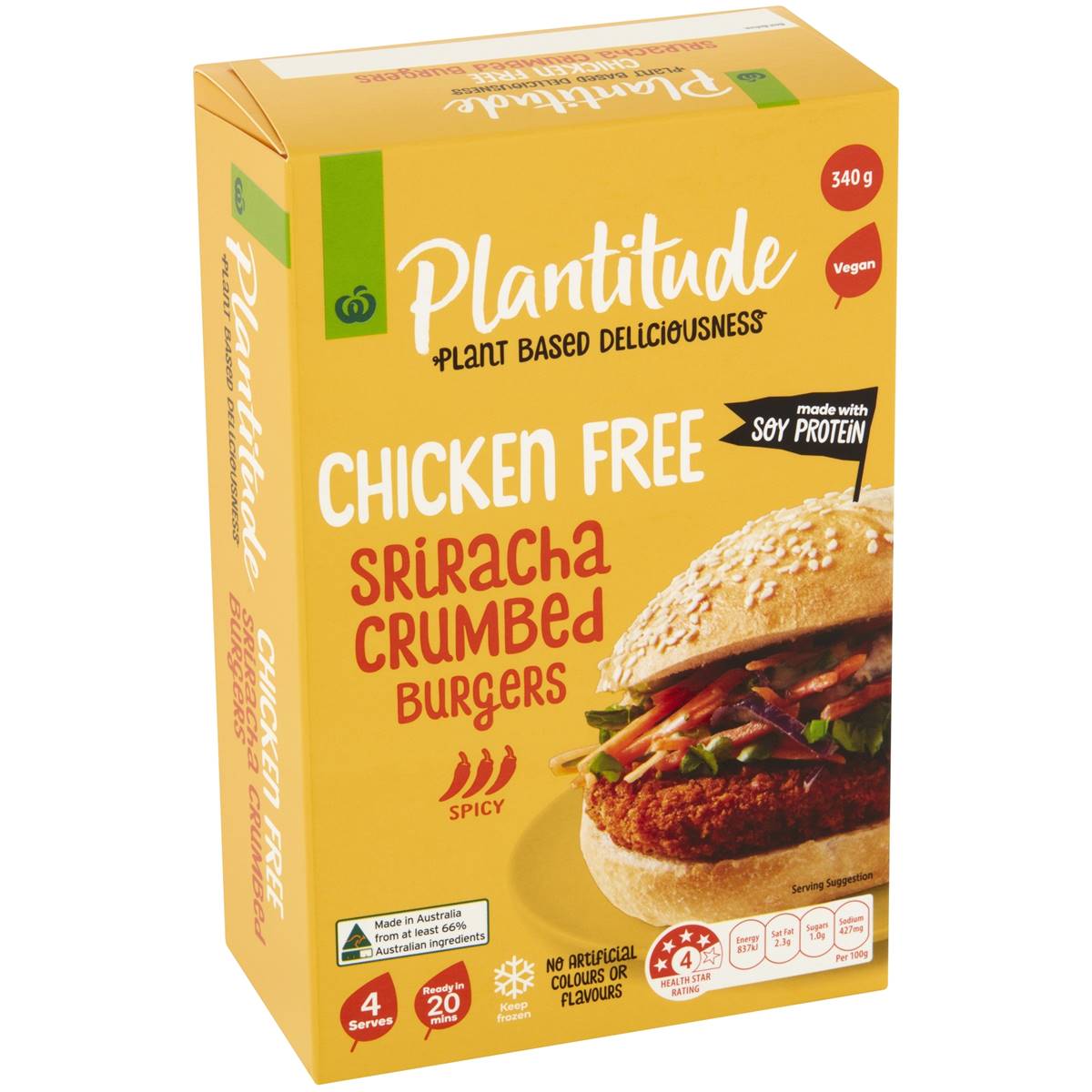 Calories in Woolworths Plantitude Chicken Free Sriracha Crumbed Burgers Spicy