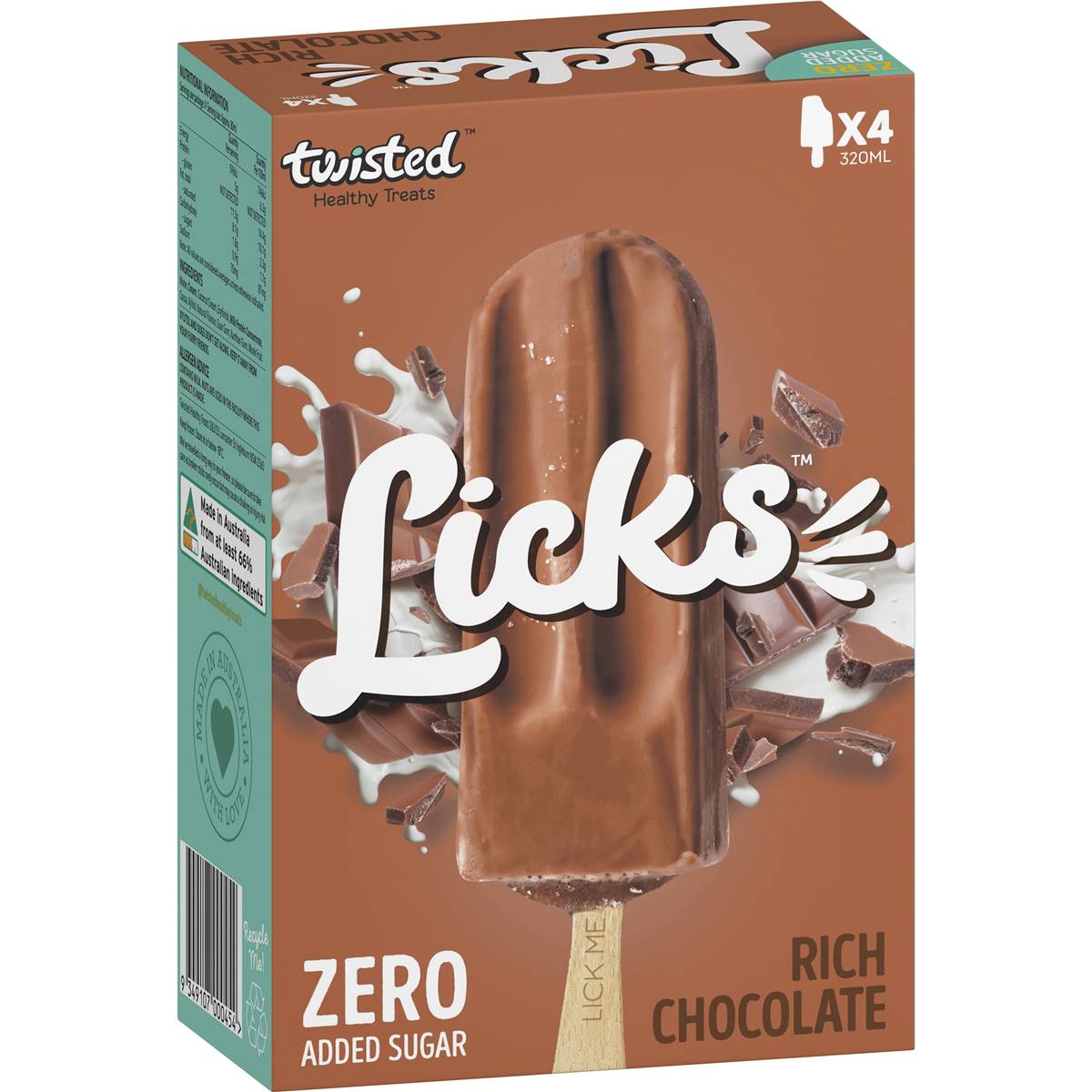 Calories in Twisted Healthy Treats Licks 99% Sugar Free Rich Chocolate Sticks