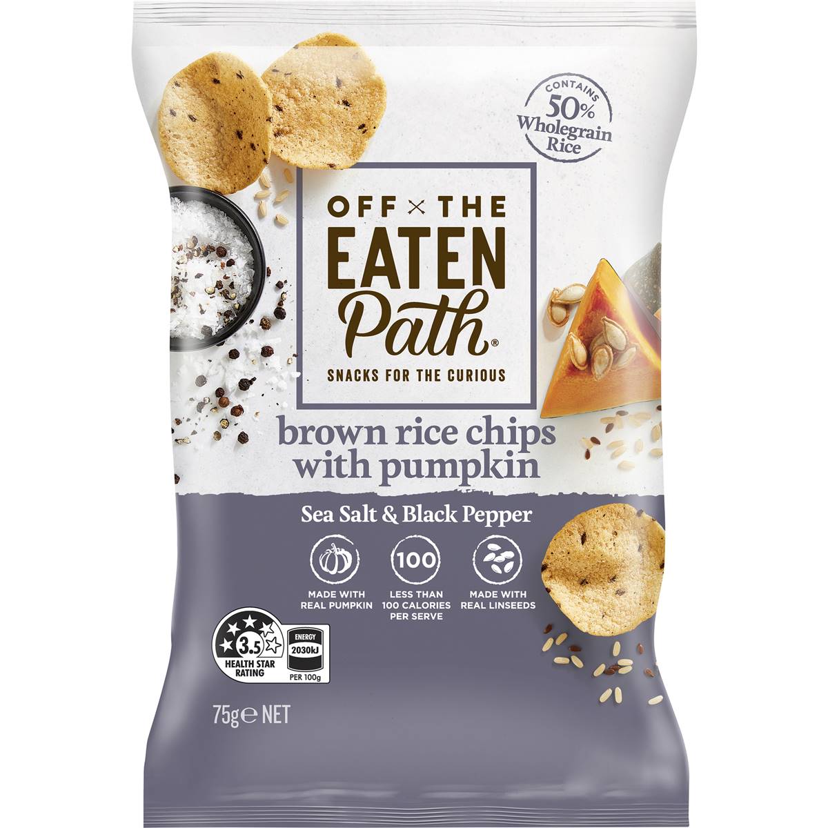 485 calories in Off The Eaten Path Brown Rice Chips With Pumpkin Sea