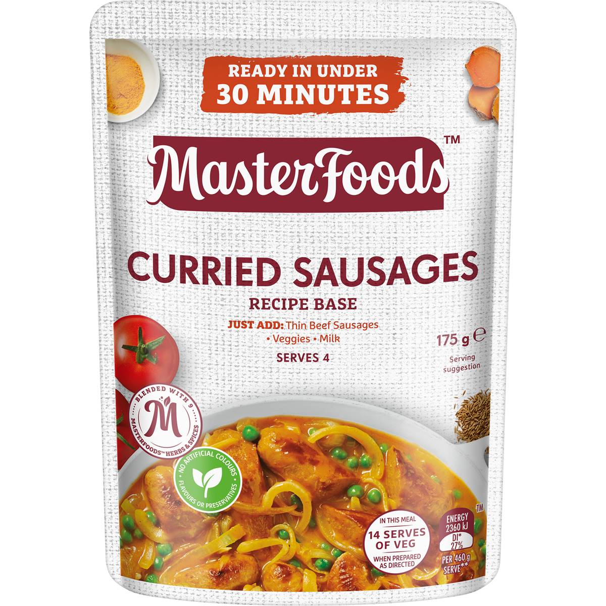 38 calories in Masterfoods Recipe Base Curried Sausages (100g) calcount