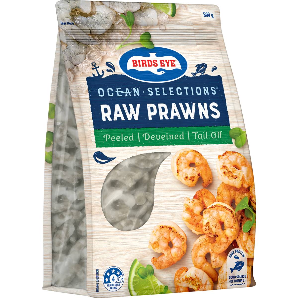 Calories in Birds Eye Ocean Selections Raw Prawns Frozen, Peeled & Tail Off