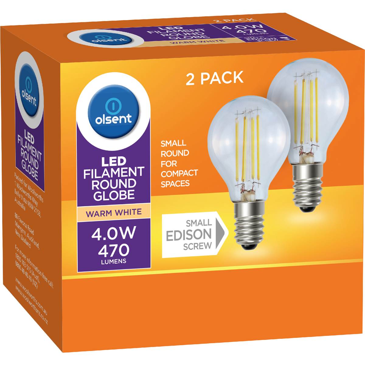 Olsent LED Filament Round Globe 4.0W 470Lm Warm White