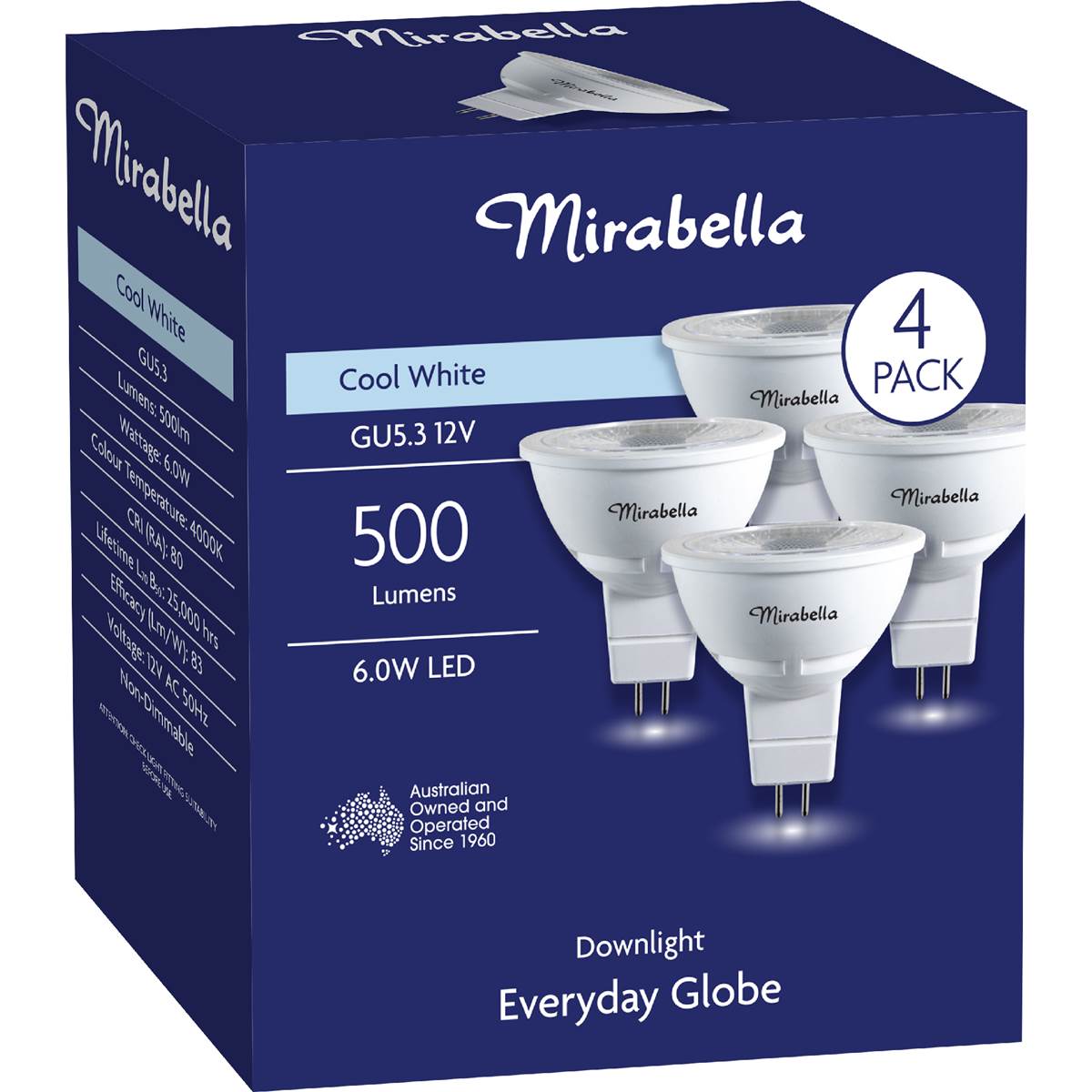 Mirabella LED GU5.3 6W 500Lm Cool White Light Globe 4 pack