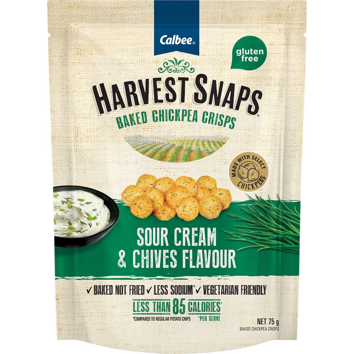 Calories in Calbee Harvest Snaps Chickpea Baked Crisps Sour Cream & Chives