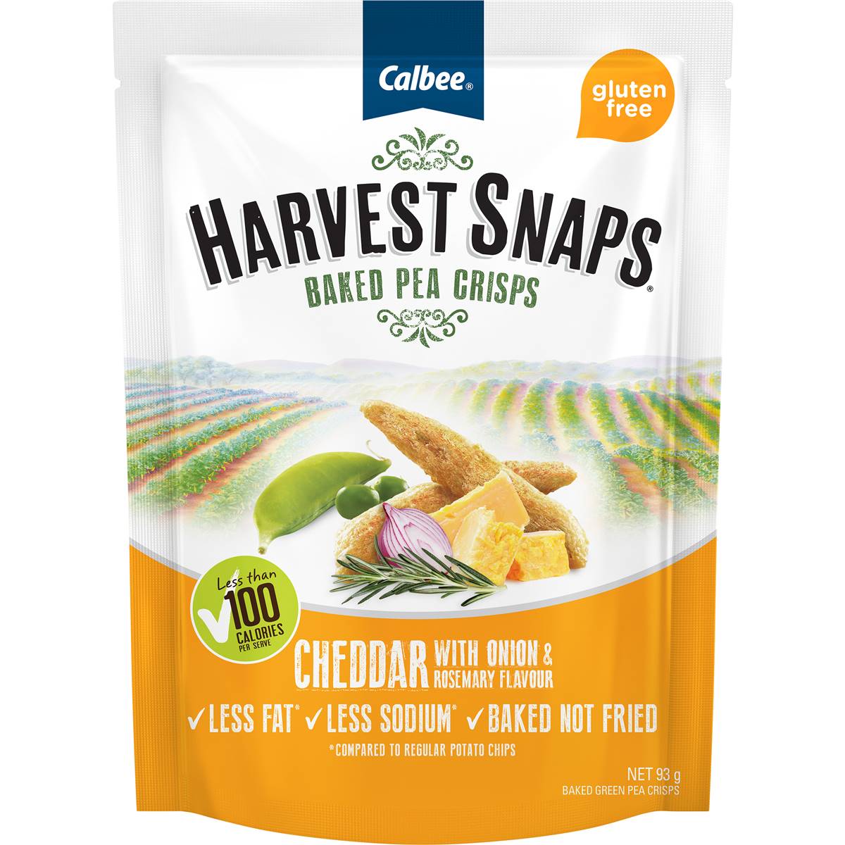Calories in Calbee Harvest Snaps Baked Pea Crisps Cheddar With Onion & Rosemary