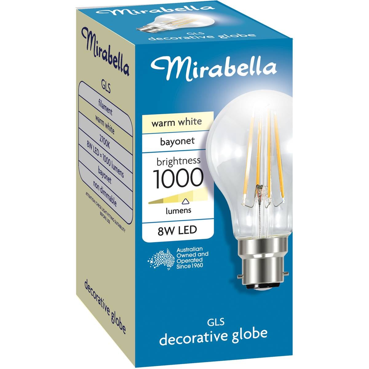 Mirabella LED GLS Filament Bayonet Cap 8W 1000lm Warm White Globe each