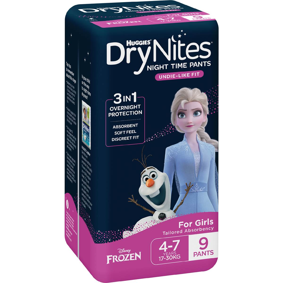 Huggies DryNites Night Time Pants for Girls 4-7 Years (17-30kg) 9 pack