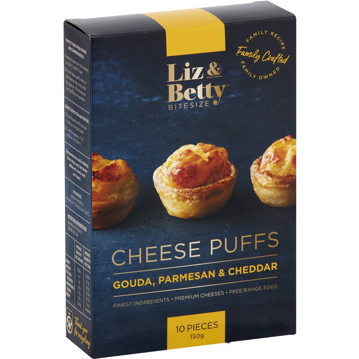 Calories in Liz & Betty Bitesize Cheese Puffs Gouda, Parmesan, Cheddar
