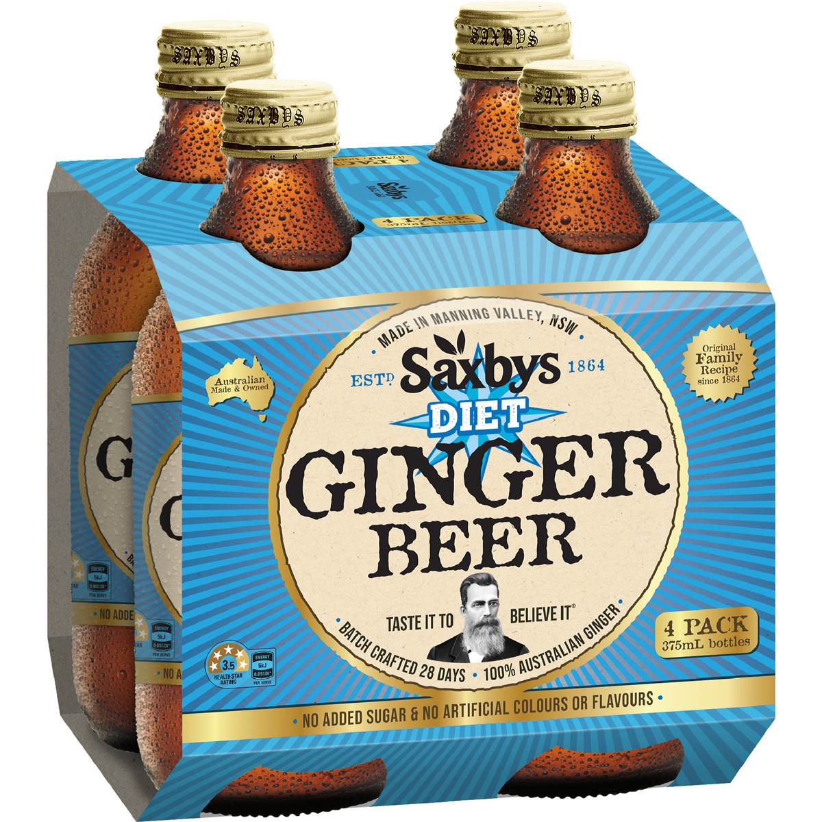 Saxbys Diet Ginger Beer 375mL x 4 pack