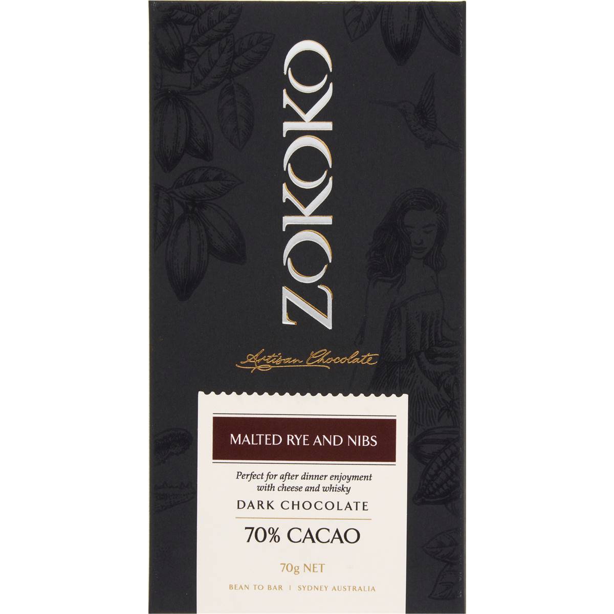 Calories in Zokoko Malted Ryde And Nibs Dark Chocolate Bar