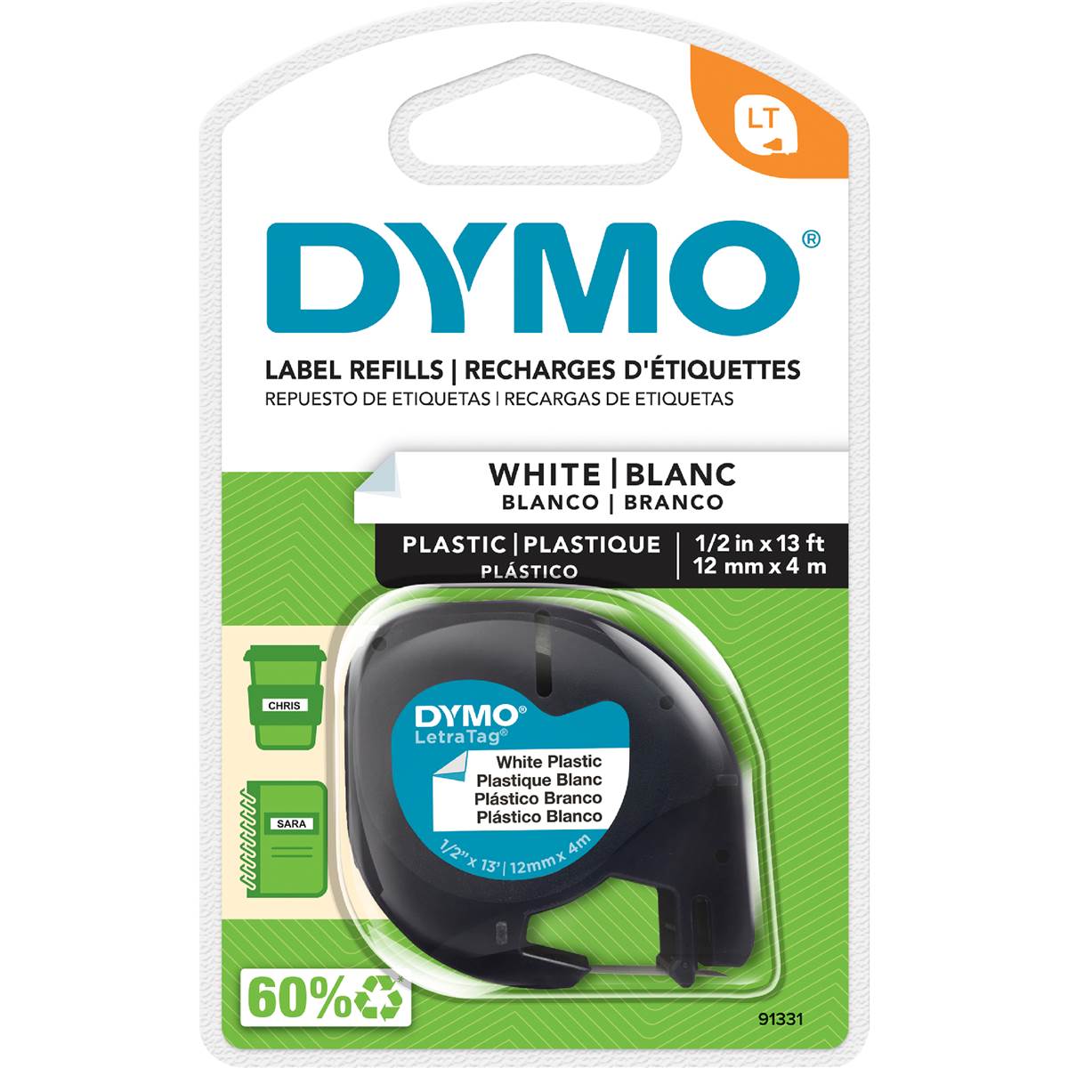 Dymo LetraTag Plastic Tape 12mm x 4M White each