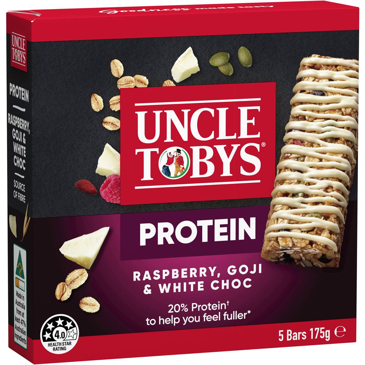 Calories in Uncle Tobys Protein Raspberry, Goji & White Choc Muesli Bars
