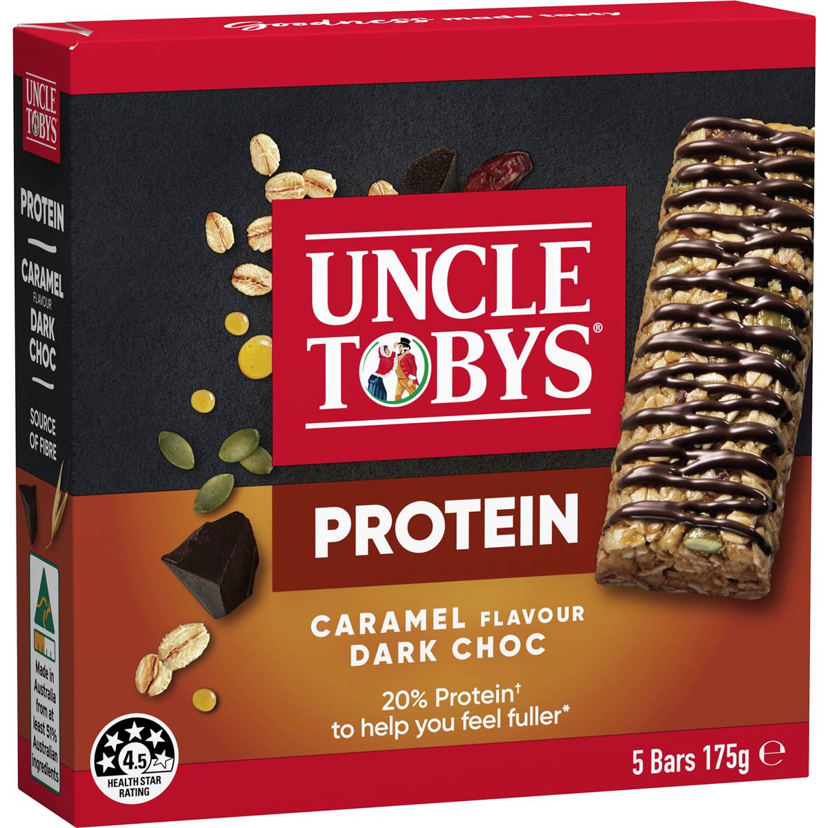 Calories in Uncle Tobys Protein Caramel Flavour Dark Choc Muesli Bars